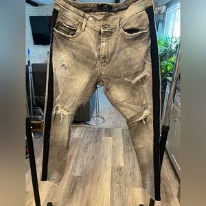 Men Gray Jeans, black rhinestones down both legs